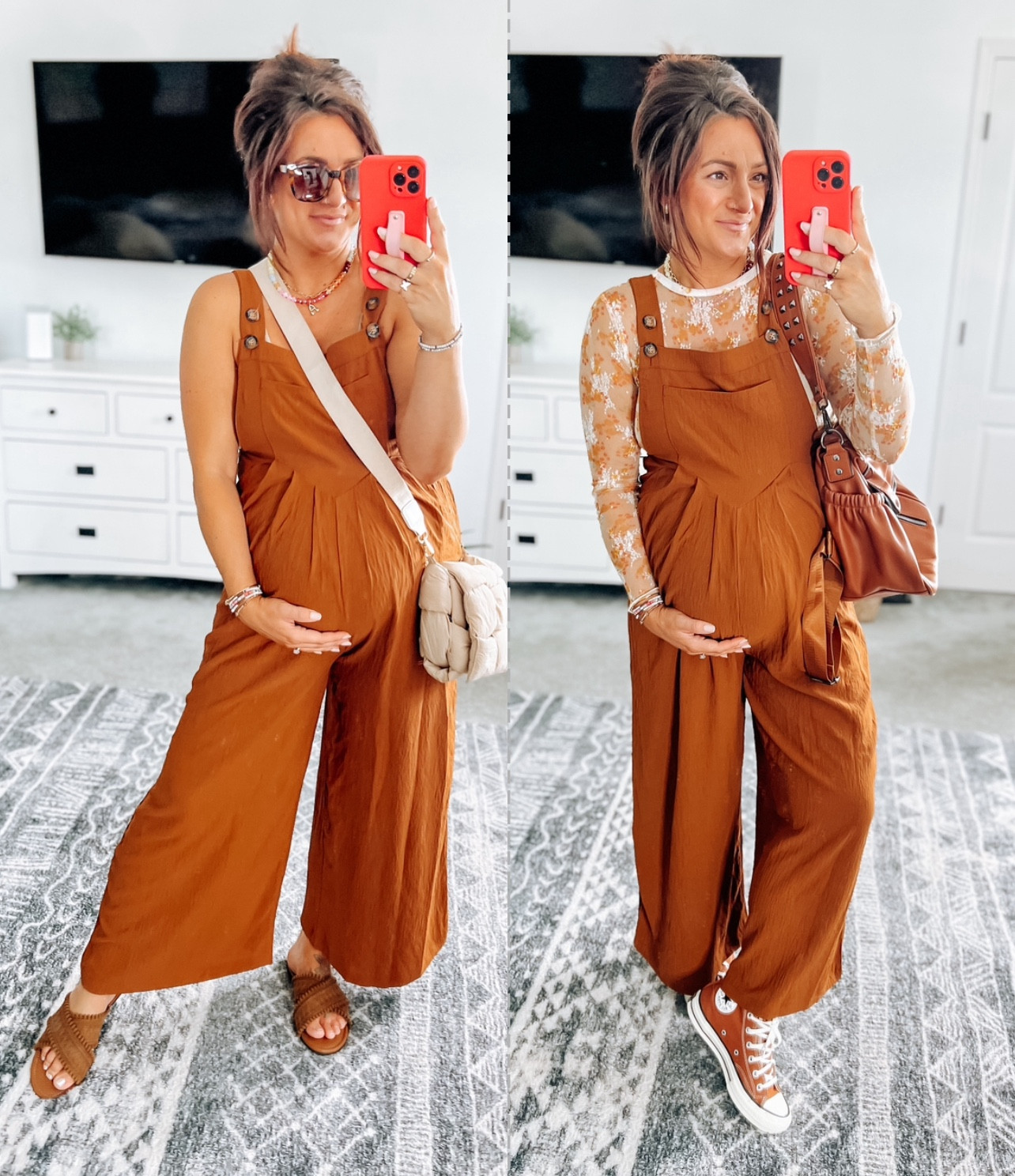 Non maternity bump friendly bib overalls! Love the brown for transitioning to Fall! Comfy and lightweight, in my true size with good stretch 👍 adjustable strap lengths helps at 35 weeks pregnant too! Will be great for postpartum and breastfeeding too!

#LTKFindsUnder50 #LTKStyleTip #LTKBump