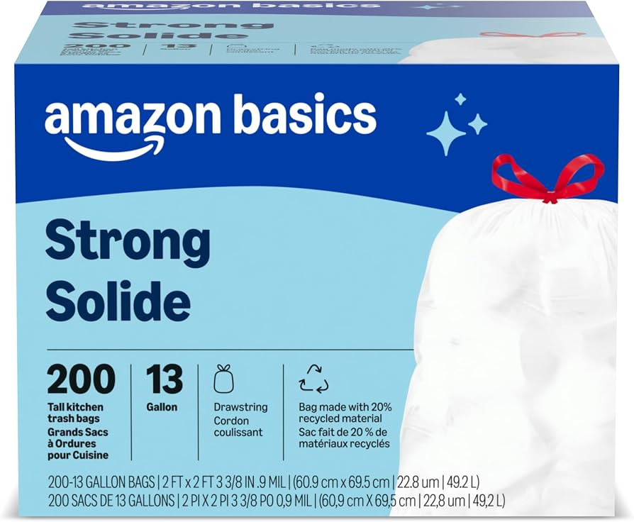 Amazon Basics Trash Bags, Tall Kitchen Drawstring, Unscented, 13 Gallon, 200 Count, Pack of 1, Pa... | Amazon (US)