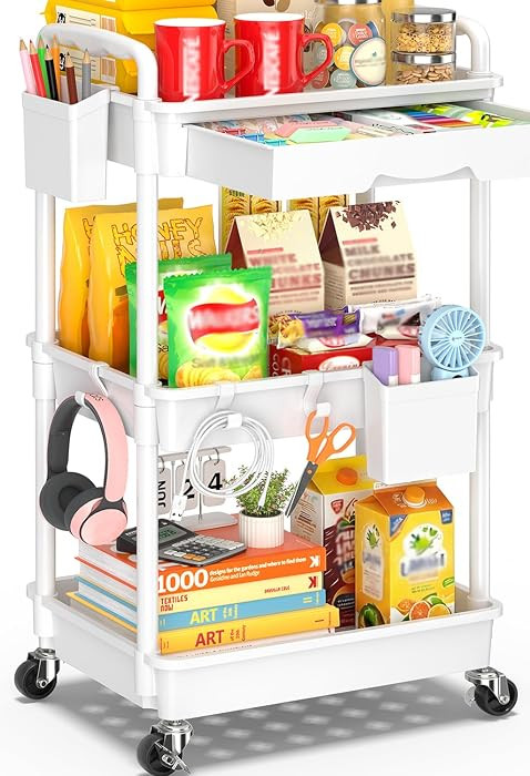 3 Tier Rolling Cart with Drawer, Craft Storage Cart Organizer,White | Amazon (US)