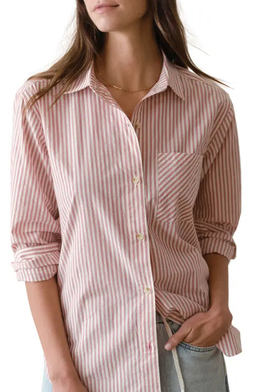 Marine Layer Jane California Relaxed Stripe Cotton Poplin Button-Up Shirt in Rust Stripe at Nordstrom, Size Small | Nordstrom
