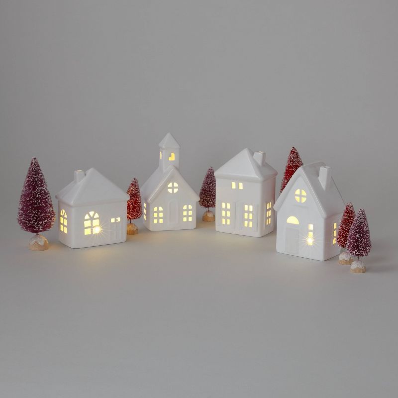 10pc Battery Operated Decorative Ceramic Village Kit White with Blush Trees - Wondershop&#8482; | Target