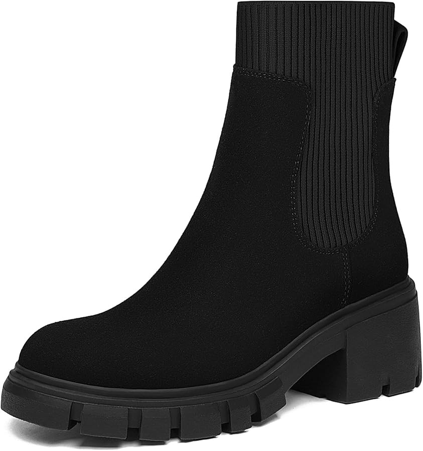 Athlefit Women's Chelsea Boots Fashion Slip on Platform Ankle Boots Lug Sole Chunky Booties | Amazon (US)