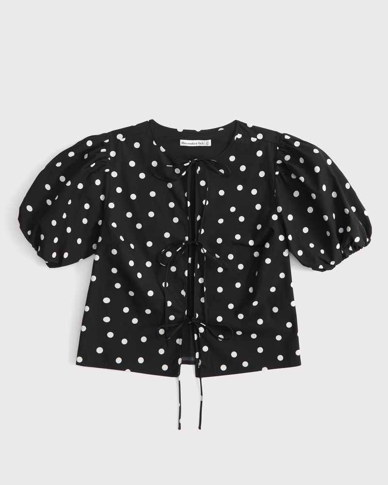 Abercrombie & Fitch Women's Short-Sleeve Tie-Front Top in Black Polka Dot - Size S | Abercrombie & Fitch (US)