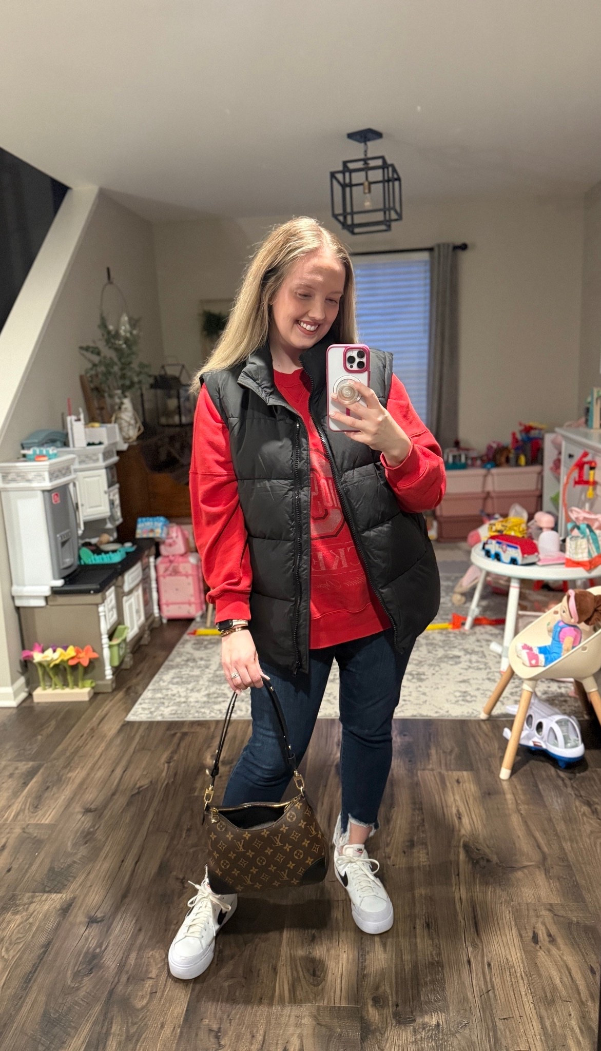 Cute game day outfit ♥️ 
Too bad our team is out. 😭 However I’ll wear a sweatshirt and puffer vest combo religiously regardless of any team record.

#LTKOver40 #LTKmomlife #LTKootd