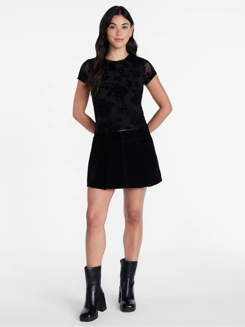 Madden NYC Women\u2019s Flocked Floral Mesh Crewneck Tee with Short Sleeves, Sizes XXS-XXL | Walmart (US)