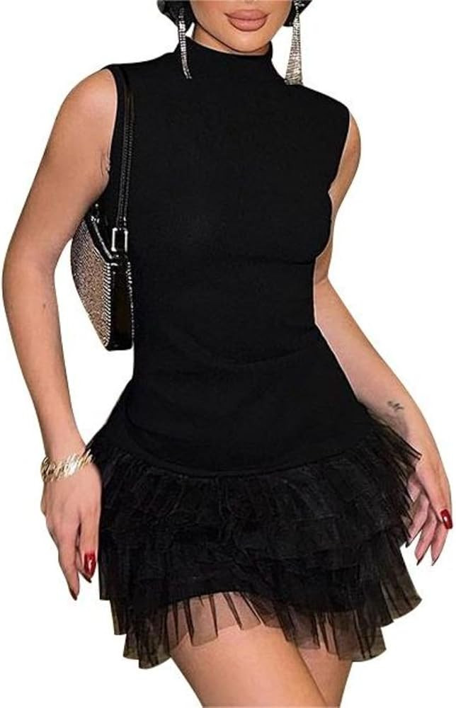 Women Sexy Draped Waist Mini Dress Summer Slim Fit Sleeveless Ruffle Bubble Dress High Neck Mesh ... | Amazon (US)