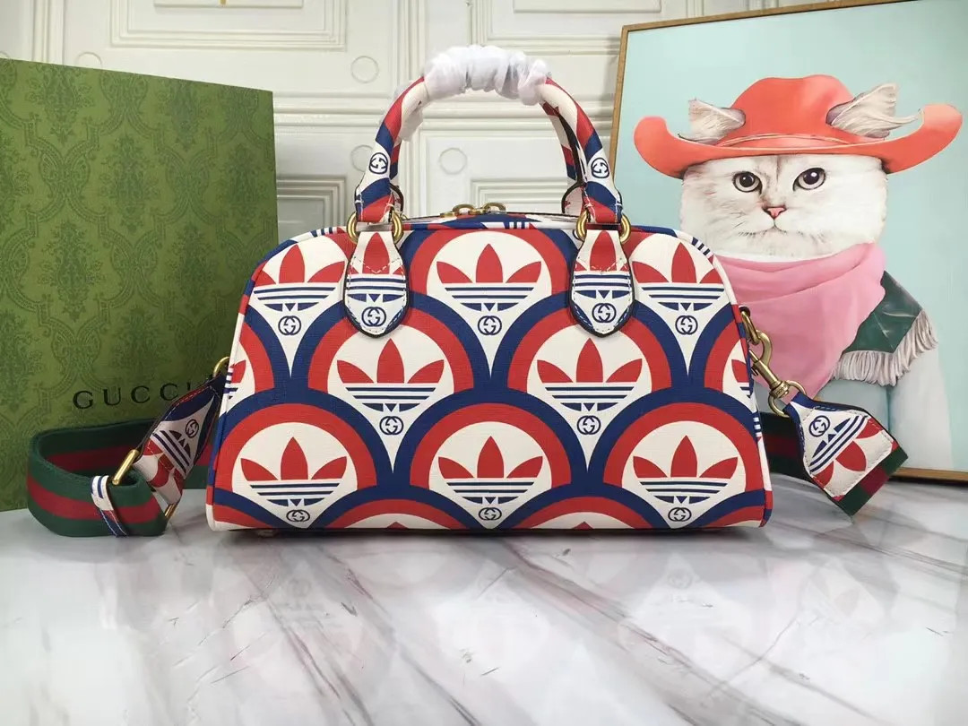 Adidas X Gucci Co Branded Travel Boston Bags Trefoil Print Red With White Leather Piping Shoulder... | DHGate