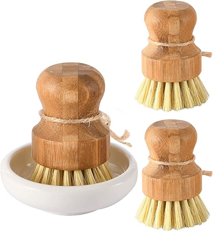 Bamboo Dish Scrub Brushes by Subekyu, Kitchen Wooden Cleaning Scrubbers Set for Washing Cast Iron Pa | Amazon (US)