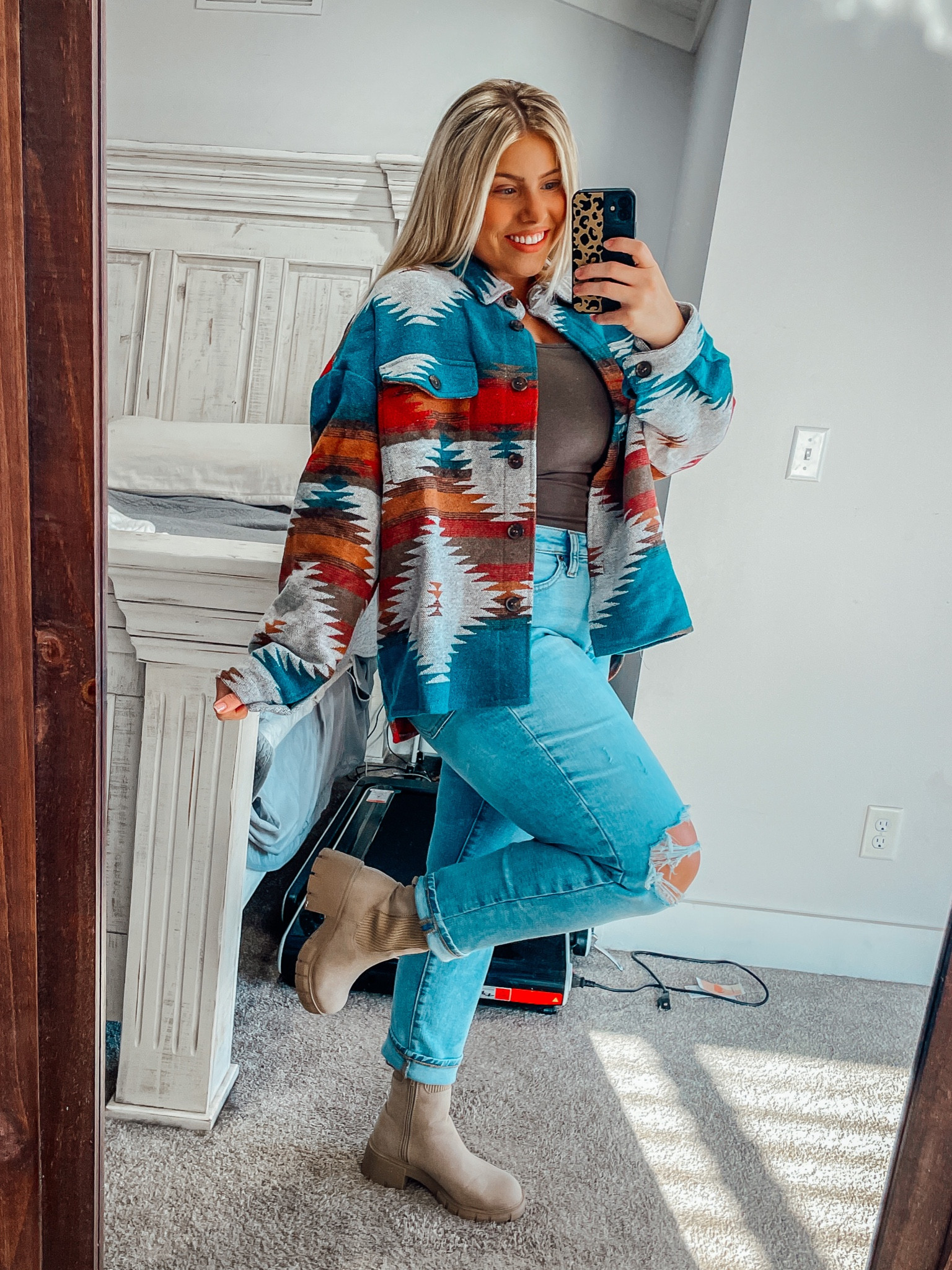 Aztec Shacket fall outfit jeans and fall boots 

#LTKunder50 #LTKunder100 #LTKSeasonal