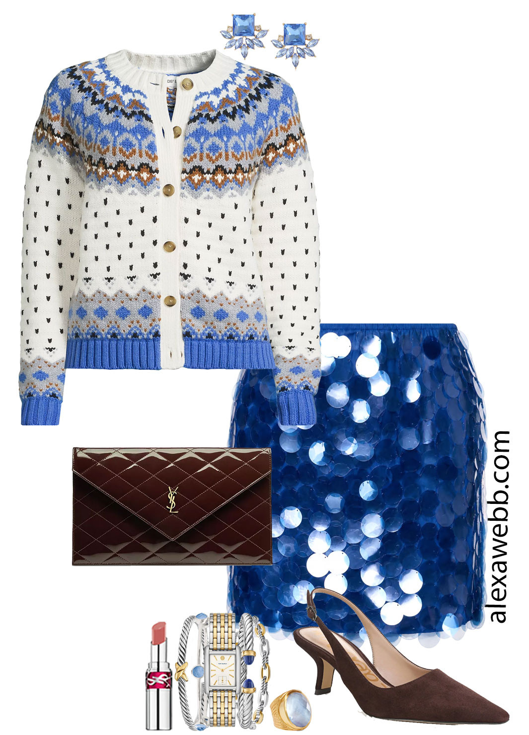 Plus Size Blue Holiday Outfits - A plus size holiday gathering outfit. Great for parties or dinners this holiday season. A little sparkle, yessss! A fair isle sweater is paired with a blue sequin skirt. Alexa Webb #plussize
 

 #LTKSeasonal #LTKOver40 #LTKPlusSize