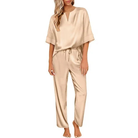 DAKIMOE Womens Silk Satin Pajama Sets Short Sleeve Pjs V Neck Pajamas for Women with Long Pant S to XL | Walmart (US)