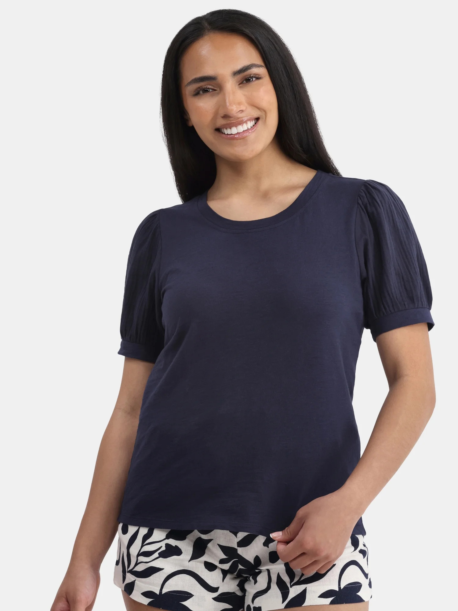 Time and Tru Women's Cotton Mixed Fabric Puff Sleeve Top, Sizes XS-XXXL | Walmart (US)