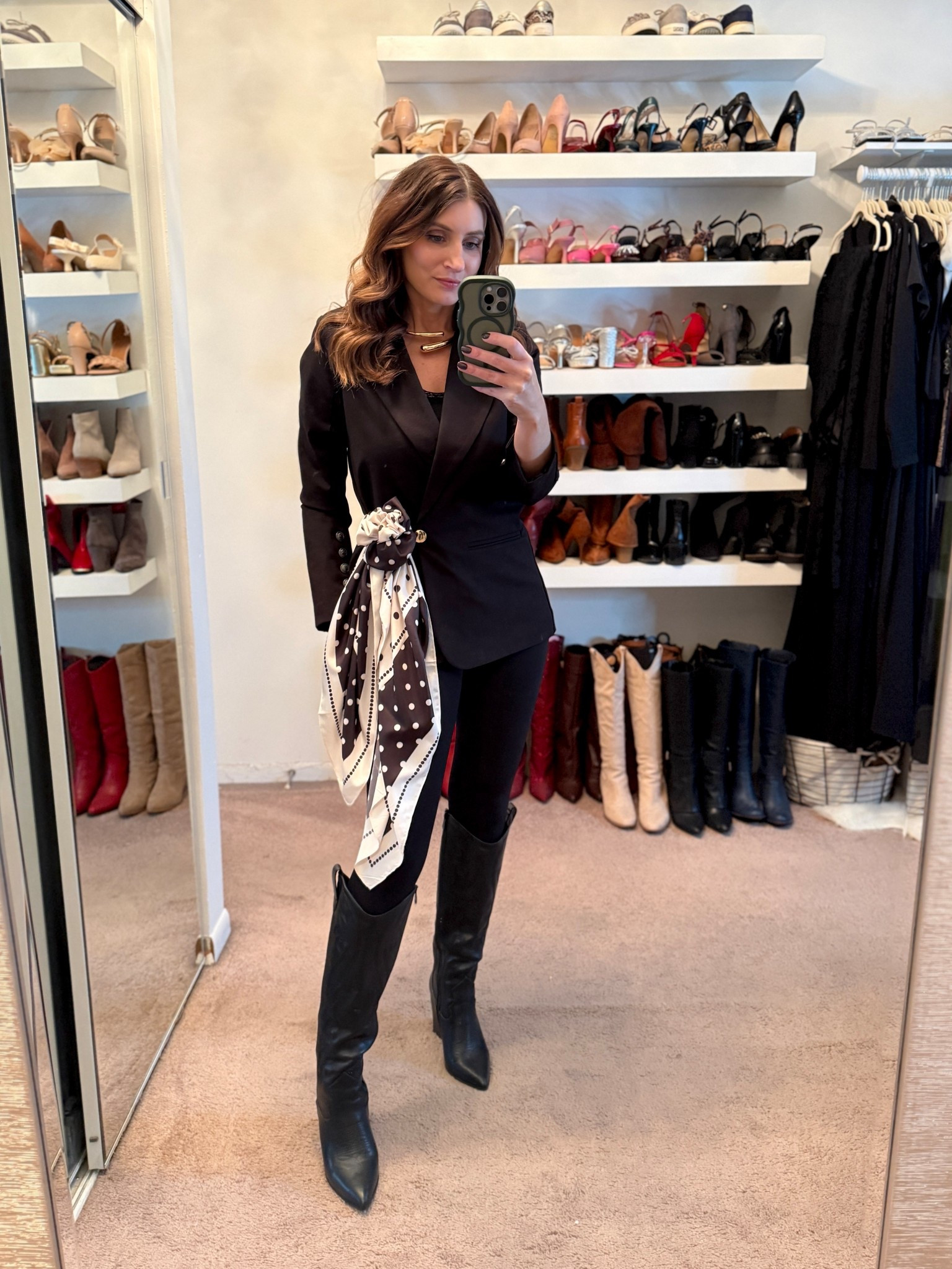 What I wore to work today, workwear outfit, casual outfit, black blazer, black leggings, tall western boots, silk scarf tied into a rose, chic office look, dressy office look, easy outfit  

Spring outfits 2026
Work outfits
Business casual workwear 

#LTKOver40 #LTKWorkwear #LTKootd