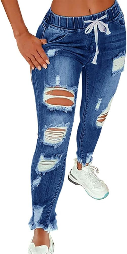 KUNMI Women High Waist Skinny Stretch Ripped Jeans Destroyed Denim Pants Plus Size | Amazon (US)