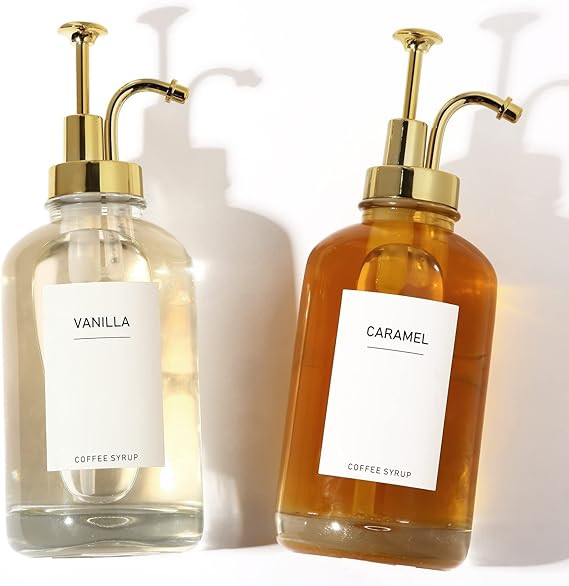 2 Pack 16.9OZ Coffee Syrup Dispenser for Coffee Bar with Labels and Pump, Syrup Bottles for Coffe... | Amazon (US)