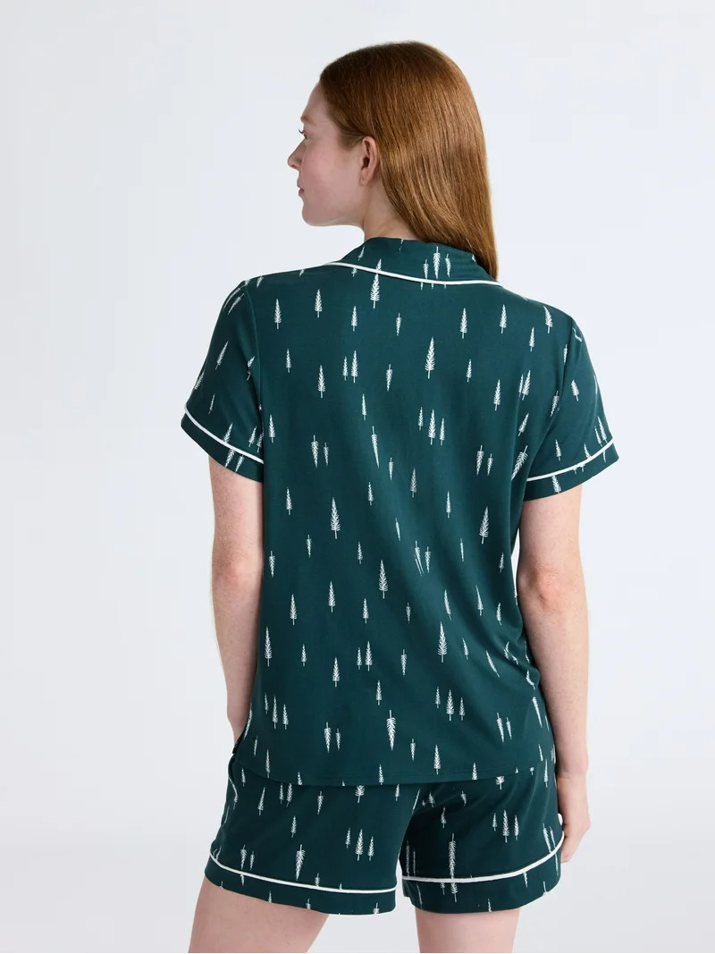 Joyspun Women’s Dreamy Soft Collection Notch Collar Knit Top and Boxer Shorts Pajama Set, Sizes... | Walmart (US)