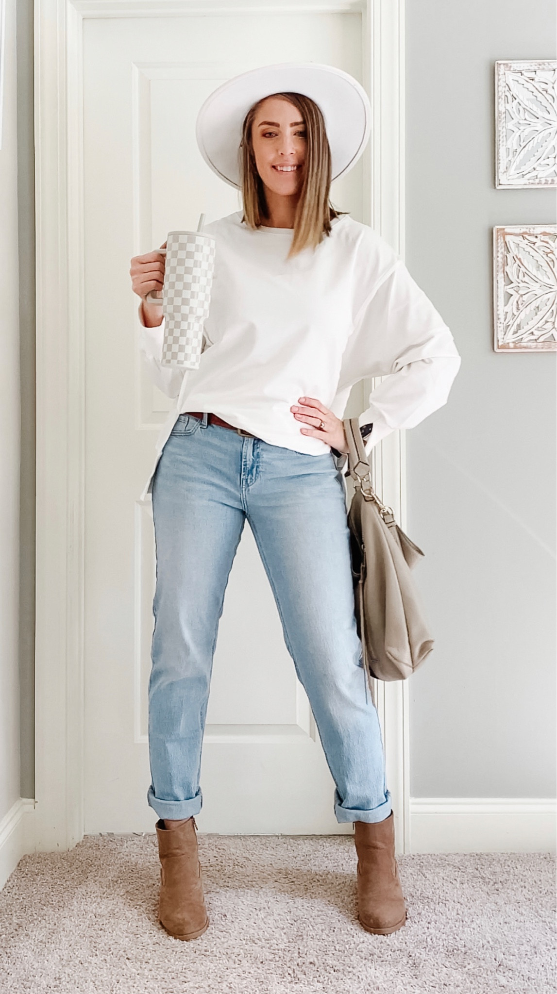 Comfy but make it chic! Dressed up my crewneck and jeans look with cute boots and my fave new tumbler cup! 

Did I mention this checkered simple modern timber cup is back in stock? It sells out super quick so grab yours now while you can! Also, these jeans are on major sale 

#LTKFindsUnder100 #LTKSaleAlert #LTKStyleTip