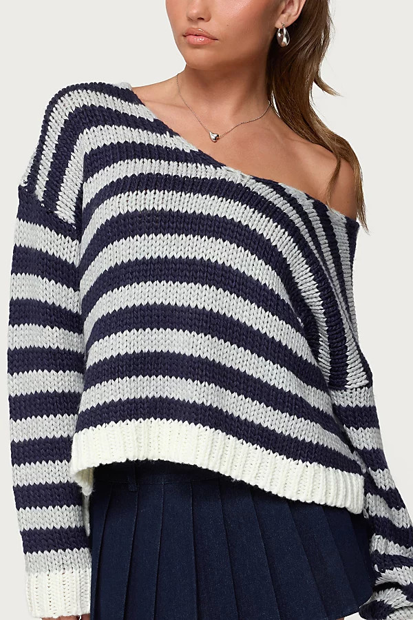 Edikted Eugenie Oversized Striped Knit Sweater in Navy, Women's at Urban Outfitters | Urban Outfitters (US and RoW)