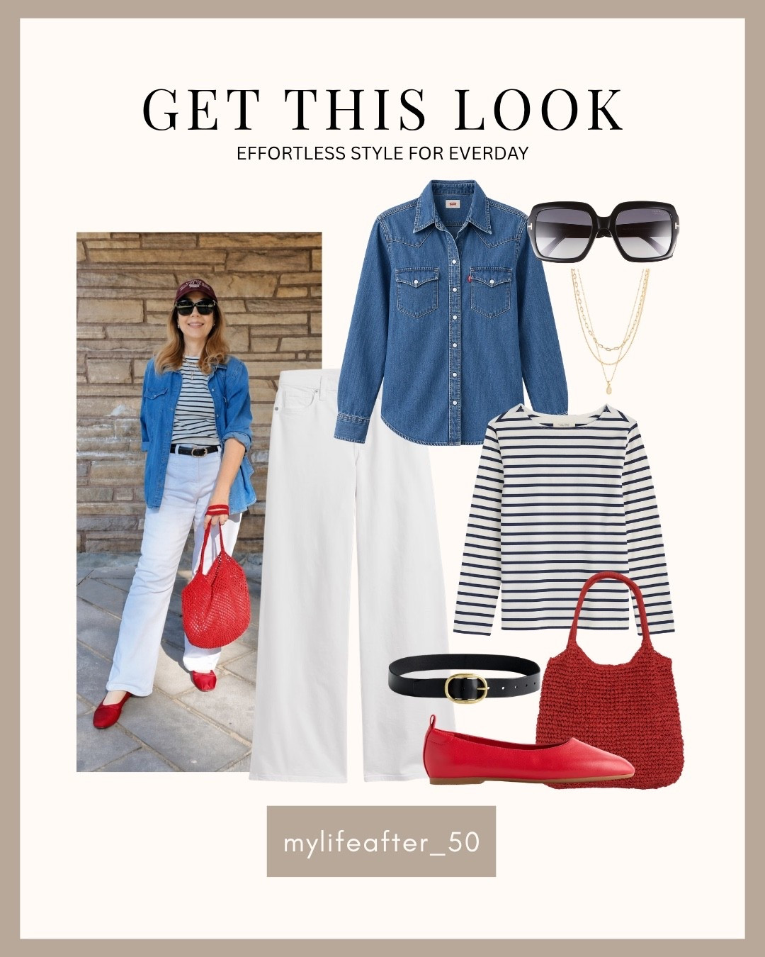 I love an outfit that feels polished but still easy to wear. 🤍❤️

This is such an easy late-summer-to-fall transition look. The denim shirt, white jeans, and striped top keep it classic, while the red accessories add the perfect pop of color.

Perfect for lunch with friends, shopping, running errands, or a casual day out.

Would you wear this color combination? ❤️

Save for outfit inspiration and share with a friend who loves easy, classic style!

Follow for more easy style and beauty tips for women over 50.

fall transition outfit, late summer outfit, transitional style, denim outfit, white jeans outfit, striped top

#LTKootd #LTKOver40