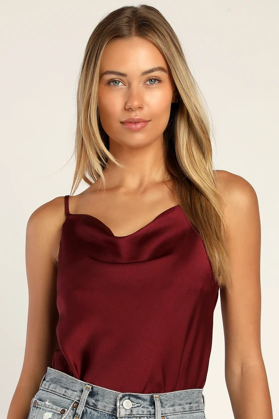 Emmerson Burgundy Satin Sleeveless Cowl Neck Bodysuit | Lulus (US)