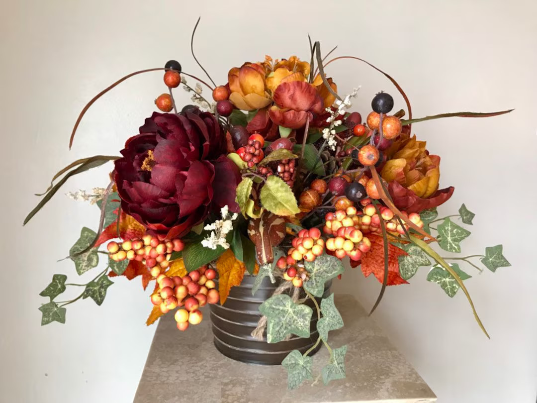 PERSIMMON & BURGUNDY 22" - Traditional Tuscan Fall Thanksgiving Decorative Floral Tabletop Center... | Etsy (US)