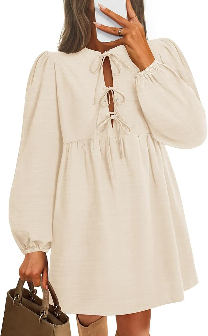 ZESICA Women's Dress Fall Long Puff Sleeve Self Tie Front Babydoll A Line Pleated Cute Mini Tunic... | Amazon (US)