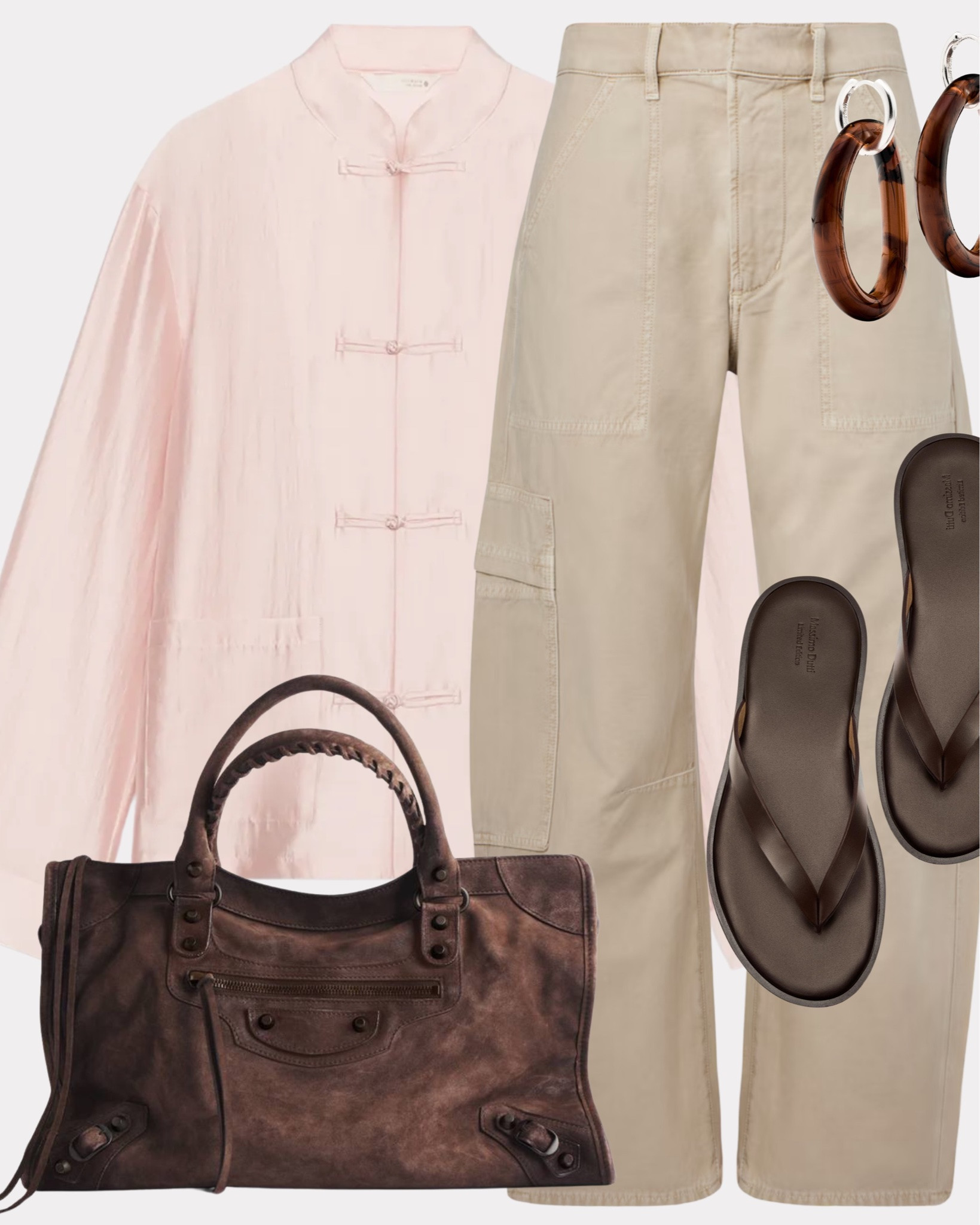 More cool girl energy because why not 🤎 Two ways to style the same base and the bag makes all the difference.

#ootd #casualchic #outfitinspo #chicstyle #coolgirlstyle

Tags 🏷️
Blush pink chinese collar shirt, stone wide leg cargo trousers, dark brown flip flop sandals, dark brown leather city tote bag, tortoiseshell hoop earrings, nude suede wedge flip flop sandals, floral tapestry shoulder bag, gold chunky hoop earrings

#LTKsummer #LTKautumn #LTKstyletip