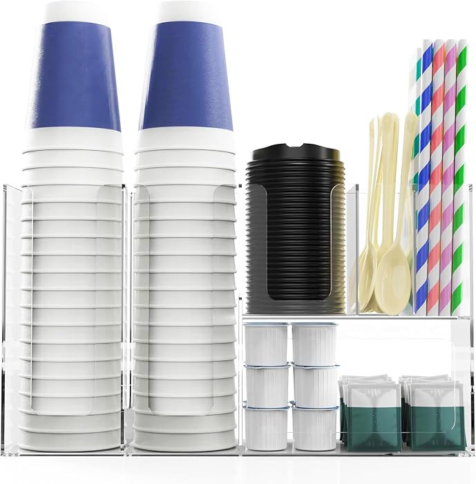 Paper Cup and Lid Holder with Straw Organizer, 6 Compartment Disposable Coffee Cup Dispenser for ... | Amazon (US)