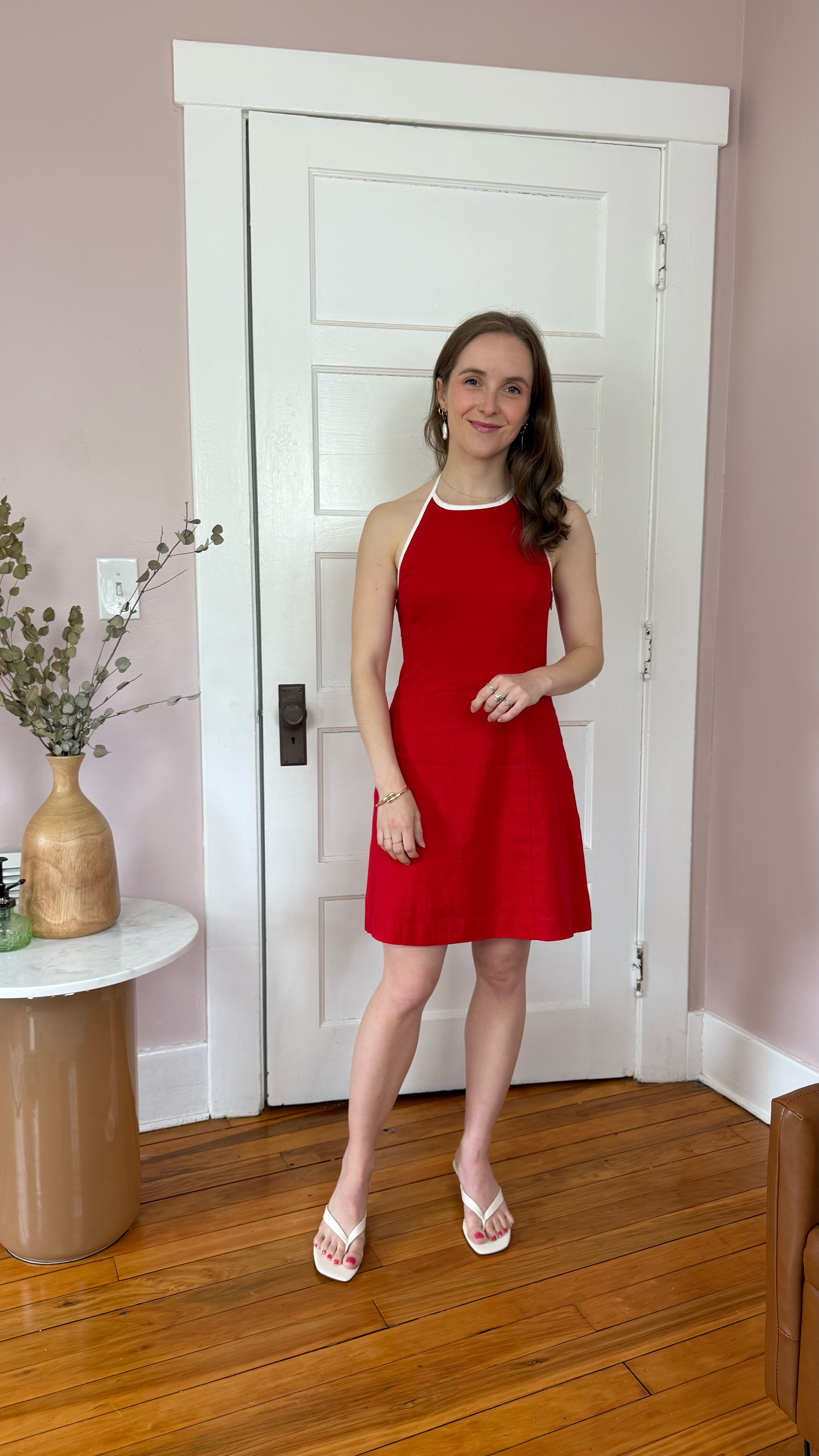 Red Linen halter dress 45% off
Use code SUMMER Gap
Wearing xs lined w/ zipper and tie neck

6.5 thong heels 

Red dress resort wear vacation look


#LTKSummerEdit #LTKPetite #LTKSaleAlert