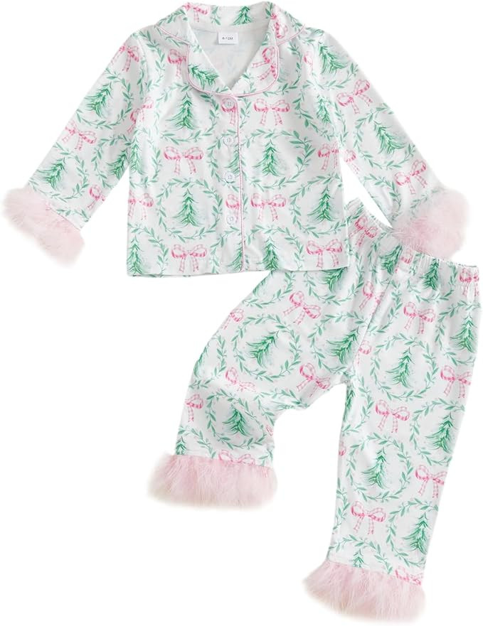 Toddler Kids Baby Girl Solid Pjs Ruffle Long Sleeve Button Shirt Top and Pants Cotton 2Piece Paja... | Amazon (US)