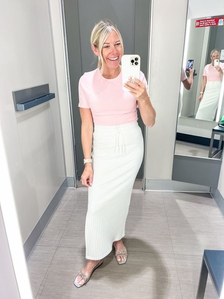 Love this white ribbed maxi skirt with a pink seamless T-shirt top and sandals. Size small in both. Target circle week sale 

#LTKxTarget #LTKsalealert #LTKfindsunder50