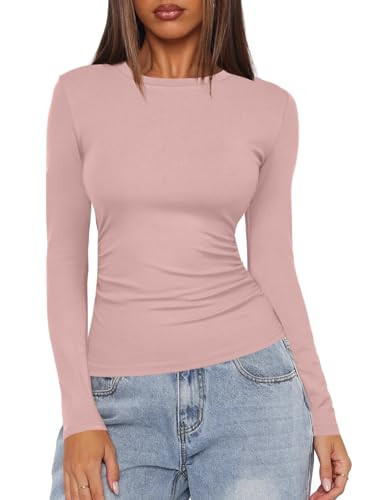 Womens Basic T-Shirts Crew Neck Long Sleeve Tops Cute Fall Tops Slim Fit Tees Y2k Clothing 9067 Light Pink L | Amazon (US)