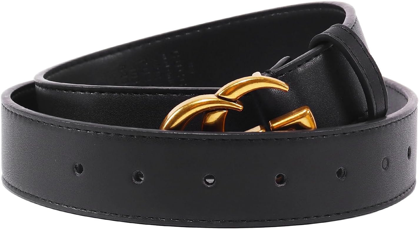 HKIASQ Women Leather Belt for Jeans Pants Fashion Black Cowhide Gold Buckle Waist Belt Fit 32-39'... | Amazon (US)