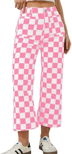 Cropped Jeans for Women Checkered Pants Casual High Waisted Stretchy Straight Leg Trousers with P... | Amazon (US)