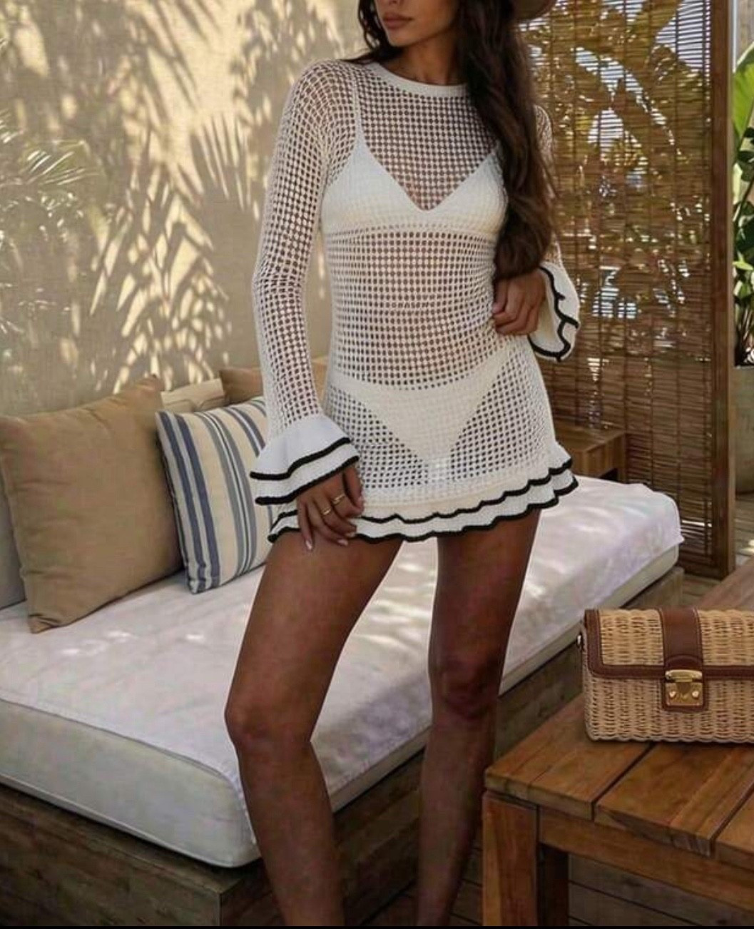 Summer New White Lightweight Hollow-Out Knit Cover-Up Dress, Fitted Slimming Long Sleeve One-Piece Dress, Black & White Contrast Flare Sleeves, Bohemian Style, Suitable For Date Night, Beach Party, Pool Party, Graduation Ceremony

#LTKSwim