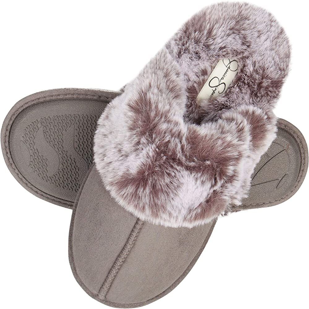 Jessica Simpson Women's Comfy Faux Fur House Slipper Scuff Memory Foam Slip on Anti-skid Sole | Amazon (US)