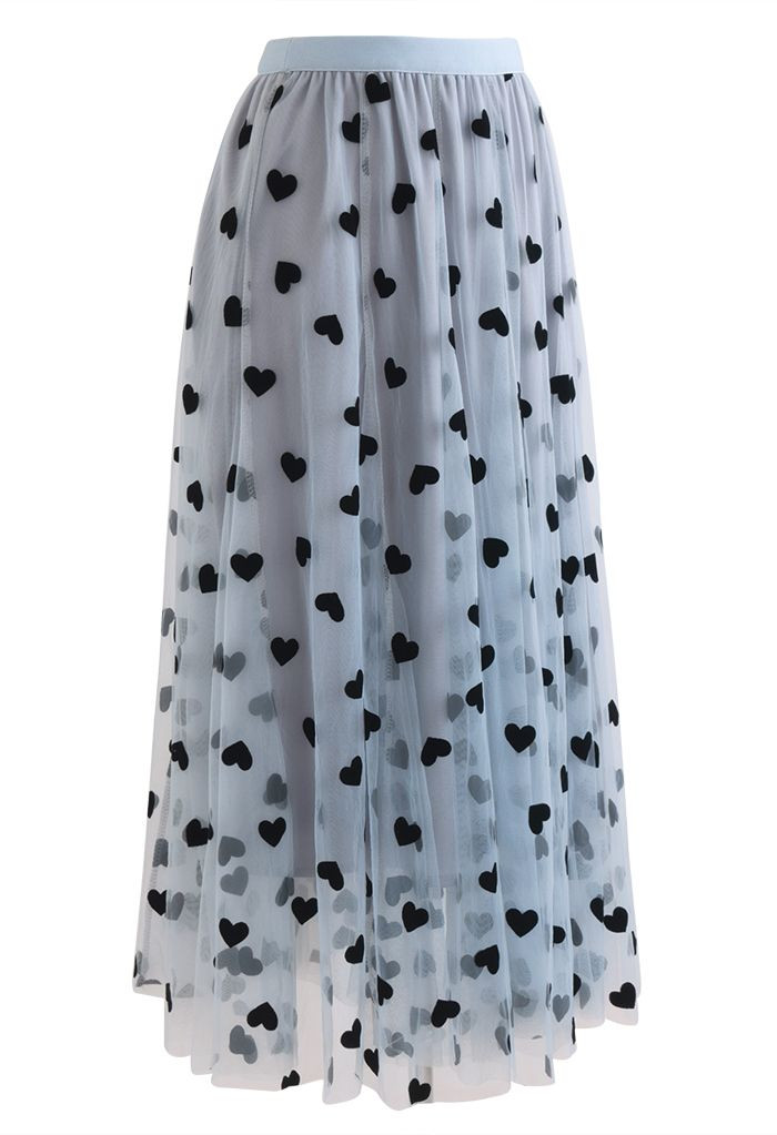 3D Heart Double-Layered Mesh Maxi Skirt in Blue | Chicwish