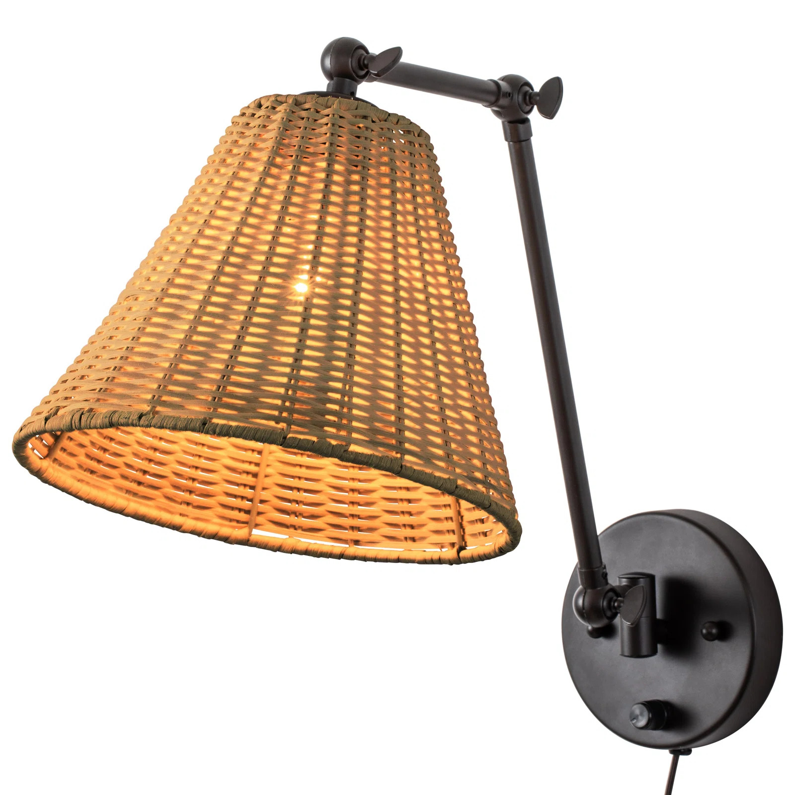 Beachcrest Home™ Zavala Plug-In&Hardwired Black Metal+Nature Rattan Shade Dimmable Swing Arm Sc... | Wayfair North America