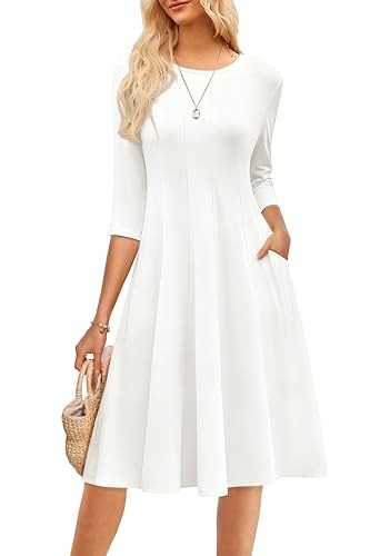 GRACE KARIN White Dress for Women 3/4 Sleeve Loose Swing Flowy Pleated Midi A Line Dresses with Pockets White L | Amazon (US)