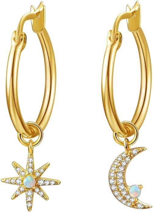 Moon & Star Charms Huggie Hoop Earrings for Women, Dangle Hoops for Teen Girls, 14K Gold Plated w... | Amazon (US)