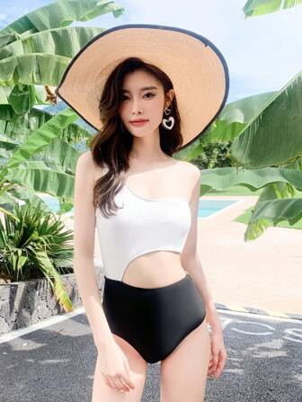 Color Block Cut Out One Shoulder Zip Side One Piece Swimsuit | SHEIN