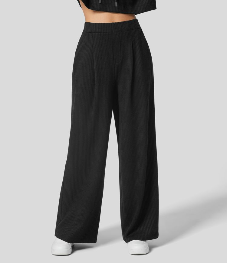 Women’s Ribbed High Waisted Side Pocket Wide Leg Casual Pants - Halara | HALARA