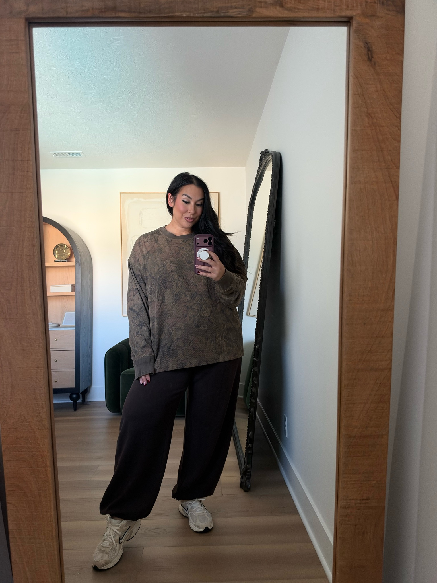 Ok camo! I love the oversized boxy vibe of this shirt so much. It's such a fun fall accent piece and these joggers are so cozy and soft belly friendly. Wearing a L on top and an XL on the bottom. Also, American Eagle is having 40% off all jeans from now until Monday! Midsize, midsize fashion, fall fashion, fall, american eagle, sale 

 #LTKootd #LTKSaleAlert #LTKMidsize