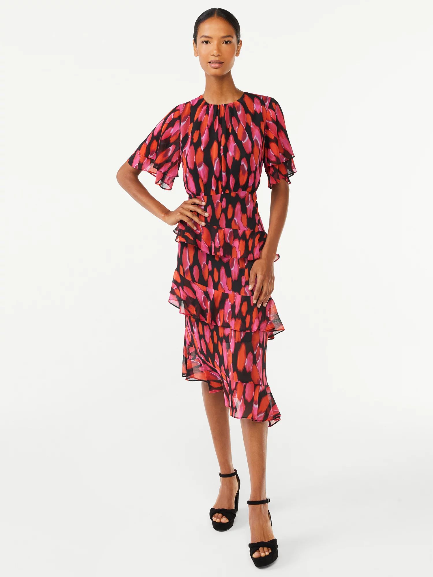 Scoop Women's Tiered Ruffle Dress with Flutter Sleeves - Walmart.com | Walmart (US)