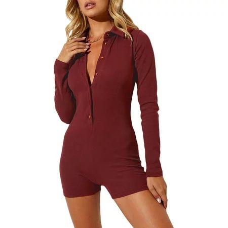 TOPGOD Women Loungewear Playsuit Solid Color Lapel Long Sleeve Button-Open Short Rompers for Girls | Walmart (US)