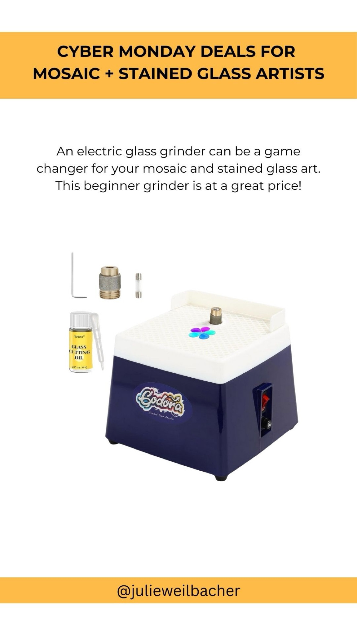 If you’re a beginner mosaic or stained glass artist and you’ve been wanting an electric glass grinder, here’s a great one to get started with! ✨ For mosaic tips, tutorials, inspiration, and so much more please visit my YouTube channel: YouTube.com/julieweilbacher. Follow @julieweilbacher on Instagram for all things mosaic art. gifts for crafters - mosaic - stained glass - tools for crafters - glass grinder - mosaic art - tile craftss

#LTKCyberWeek #LTKFindsUnder100 #LTKGiftGuide