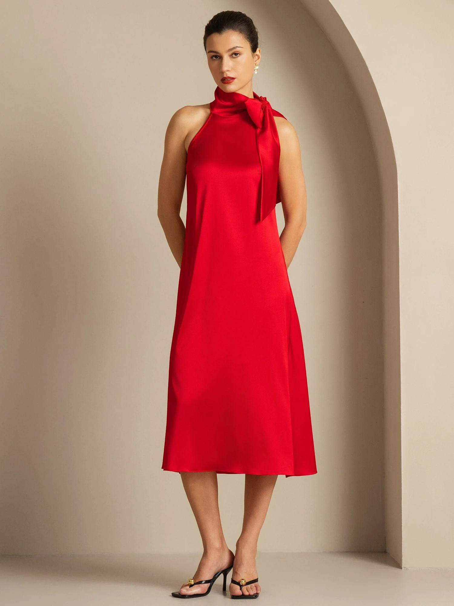Clearance - 19Momme Silk Sleeveless Tie Neck Midi Dress | SilkSilky