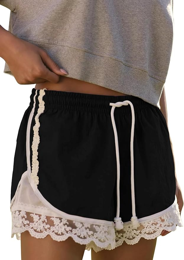 Womens Lace Trim Drawstring Shorts Casual Elasticated Summer Y2K Beach Bottoms Athletic Shorts | Amazon (US)