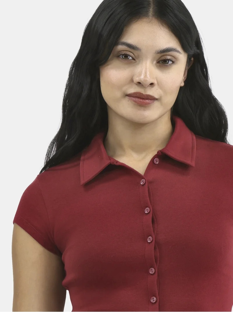 No Boundaries Button Front Cropped Polo Shirt, Women's | Walmart (US)