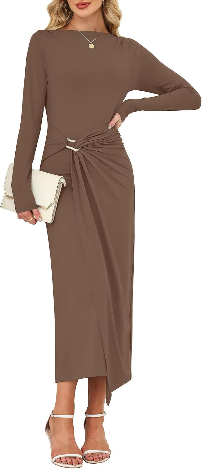 Womens Fall Long Sleeve High Neck Cocktail Wedding Guest Midi Dress | Amazon (US)